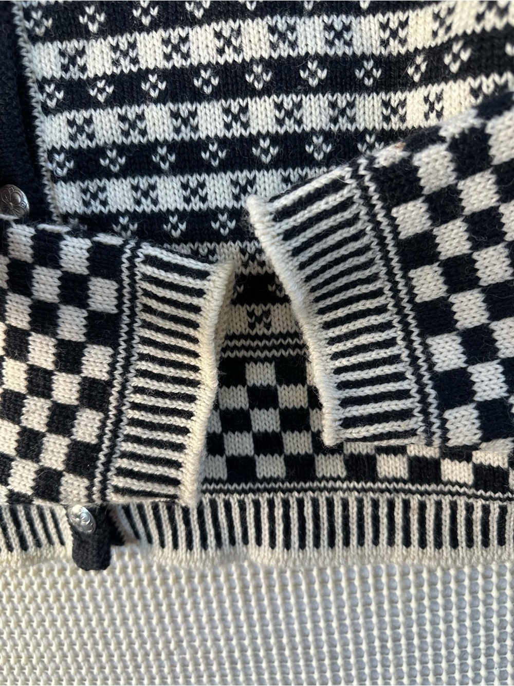 Vintage Norlender Norwegian Wool Cardigan Black Cream Fair Isle Nordic Pewter M - Picture 4 of 10
